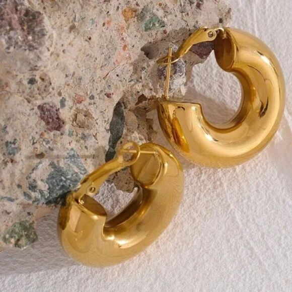 New Gold Thick Chunky Hoop Earrings - Picture 10 of 13